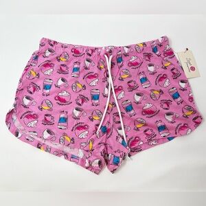 Women’s Pink Coffee Print Pajama Shorts PJs Boxy Lounge Wear Cotton Modal Linen